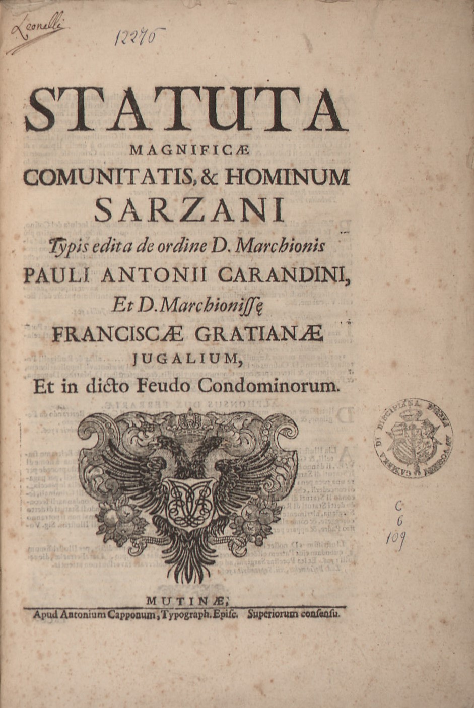 Statuta magnificae comunitatis, & hominum Sarzani 